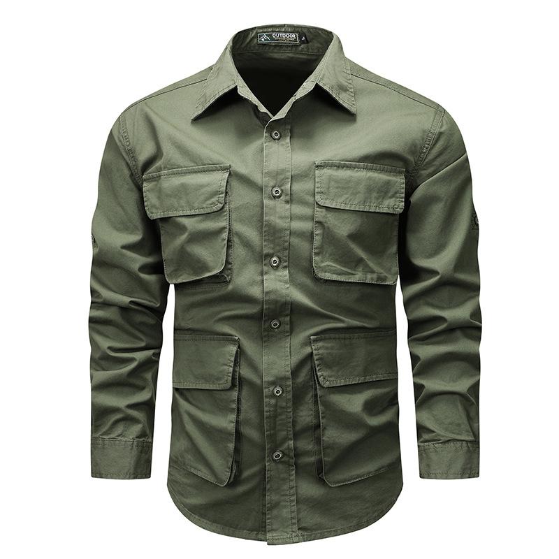 New Autumn and Winter Retro Pure Cotton Tooling Long-sleeved Shirt Men's Loose Large Size High-end Solid Color Shirt Casual Jacket