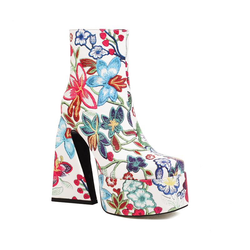Botines de Tobillo para Mujer con Patrón de Flores Colorido, Super Escote Alto, Tacón Grueso, Punta Cuadrada, Plataforma, Cierre Lateral, Estampados, Cortos