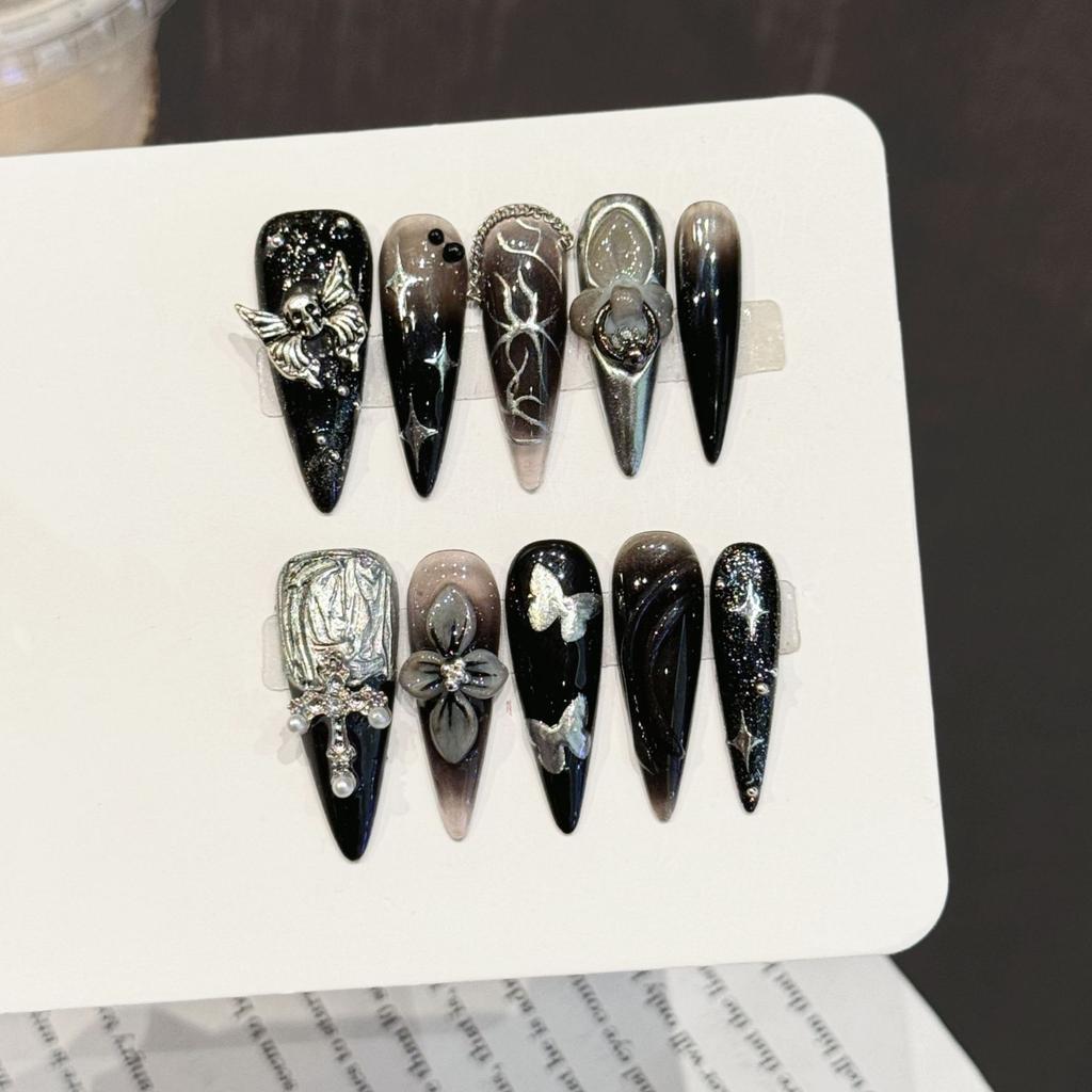 10Pcs Retro Black Rose Cat Eye Press On Nails Luxury Pearl Diamond Butterfly Long Stiletto False Nails