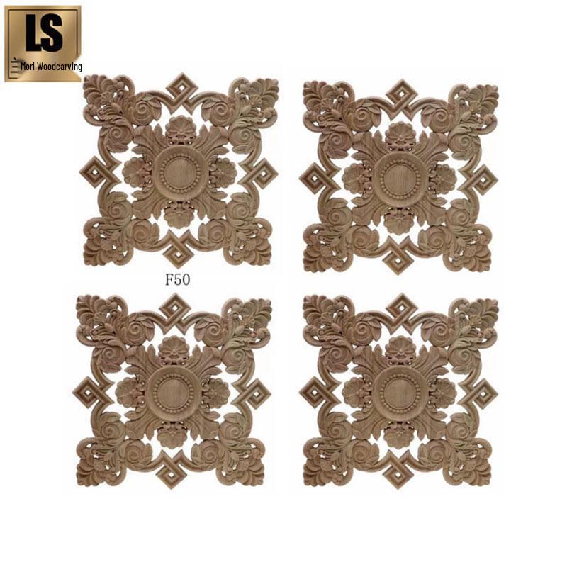 

European Square Wood Carving Decorative Flower Patch - Hollowed Rubber Wood Slice. F50 Style 24x24 cm