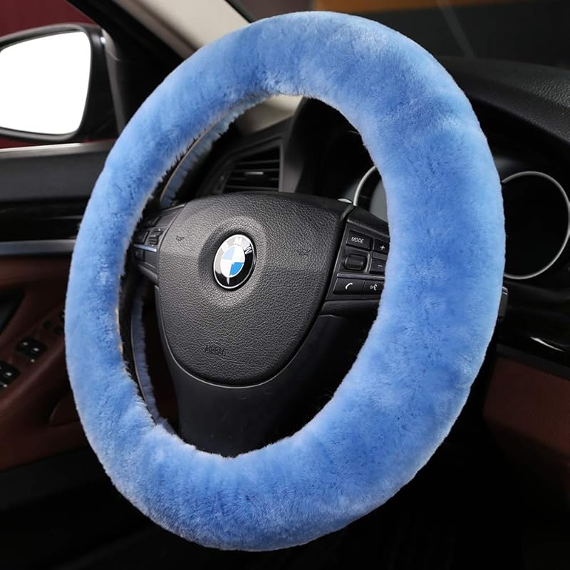Fluffy Wool Sheepskin Fuzzy Black Car Steering Wheel Cover For Universal Auto Steering Wheel 14 1/2-15 1/2Inch, Anti-Slip, Soft Plush, Comforting And