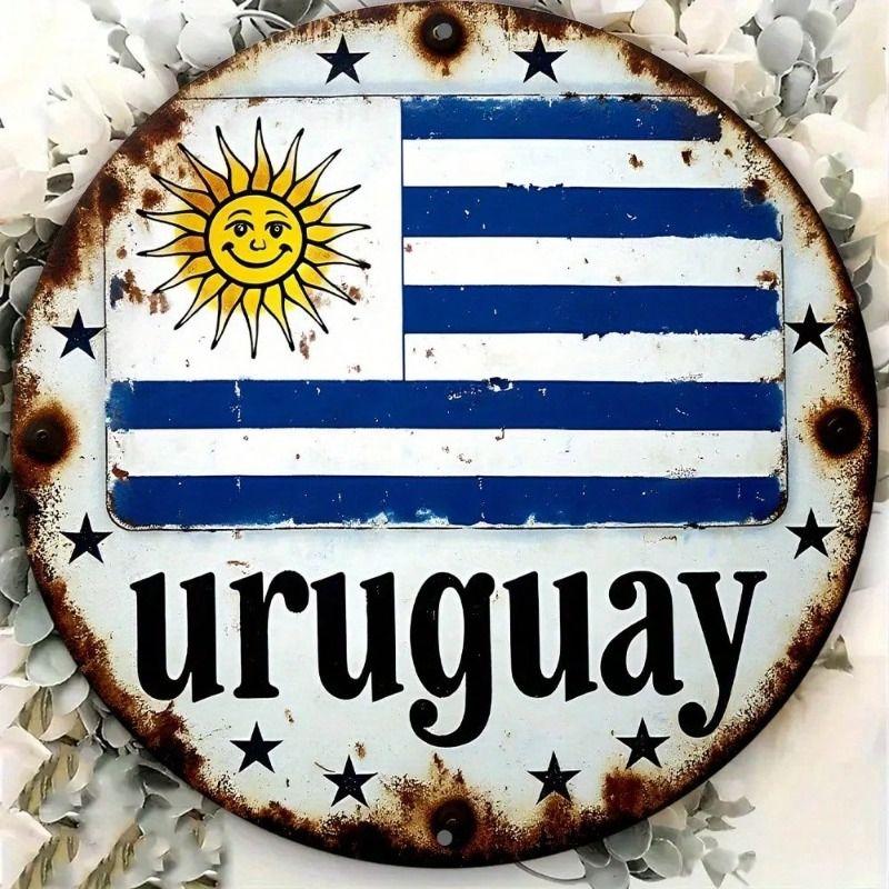 

Vintage Uruguay Flag Metal Poster 8x8 Inch Round Sun Star Design Wall Decor