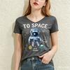 Cartoon Astronaut Pattern Print Women's T-shirts Fashion V-neck Short Sleeve Tees Casual Loose Tops Summer Trend Female Clothing