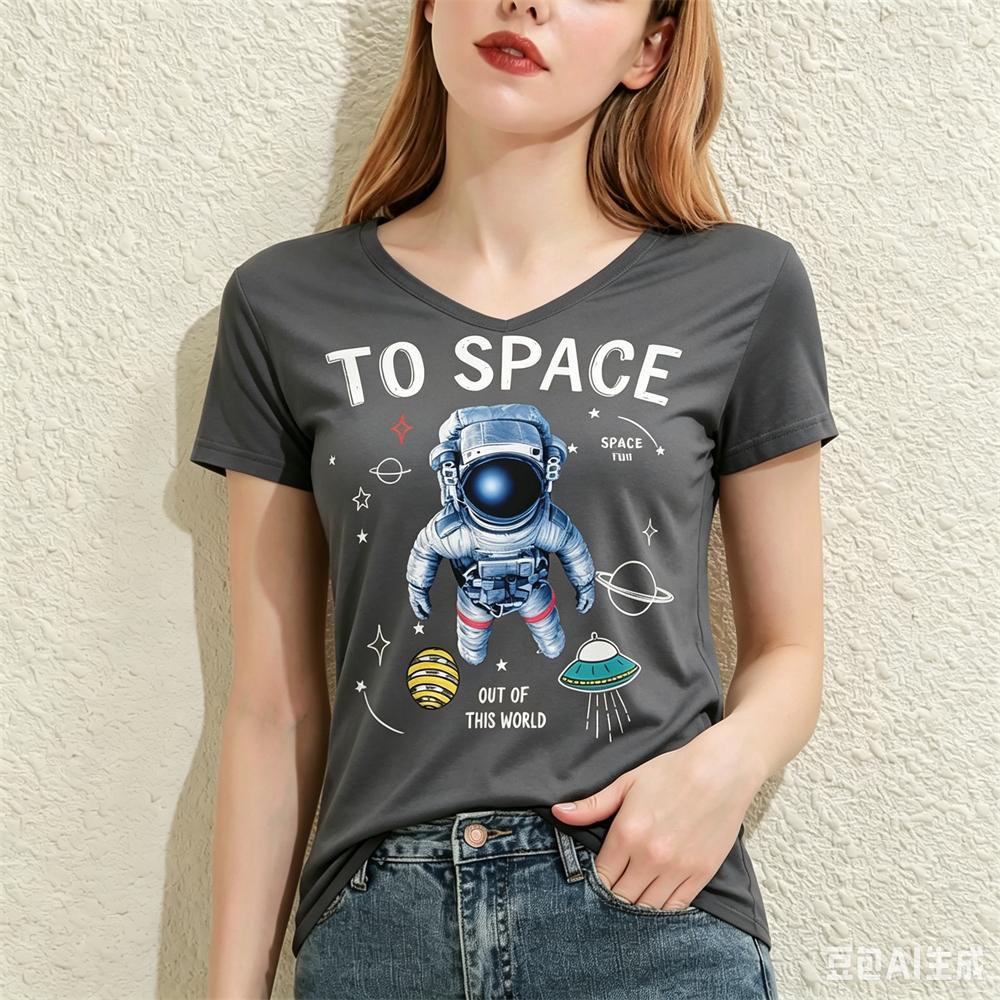 Cartoon Astronaut Pattern Print Women's T-shirts Fashion V-neck Short Sleeve Tees Casual Loose Tops Summer Trend Female Clothing