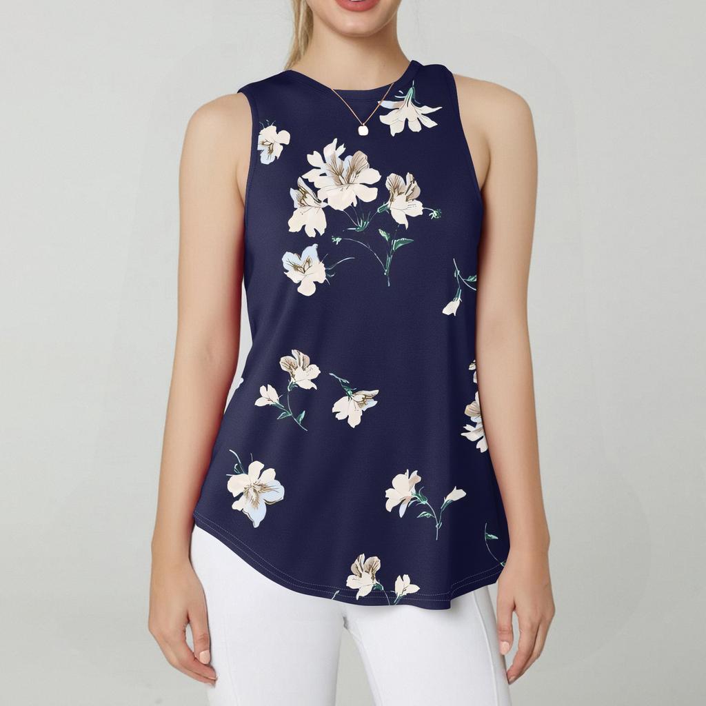 Dames Rund Hals Blomstertrykk Vest Allsidig Løs Kant Ermeløs T-skjorte Topp