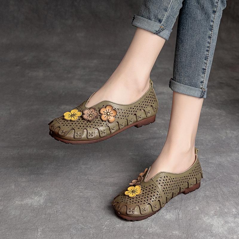 Fashion GKTINOO Women Loafers Genuine Leather Slip on Flowers Handmade Sneakers Ladies Shoes Comfy Fashion Summer Sandals Hollow Flats
