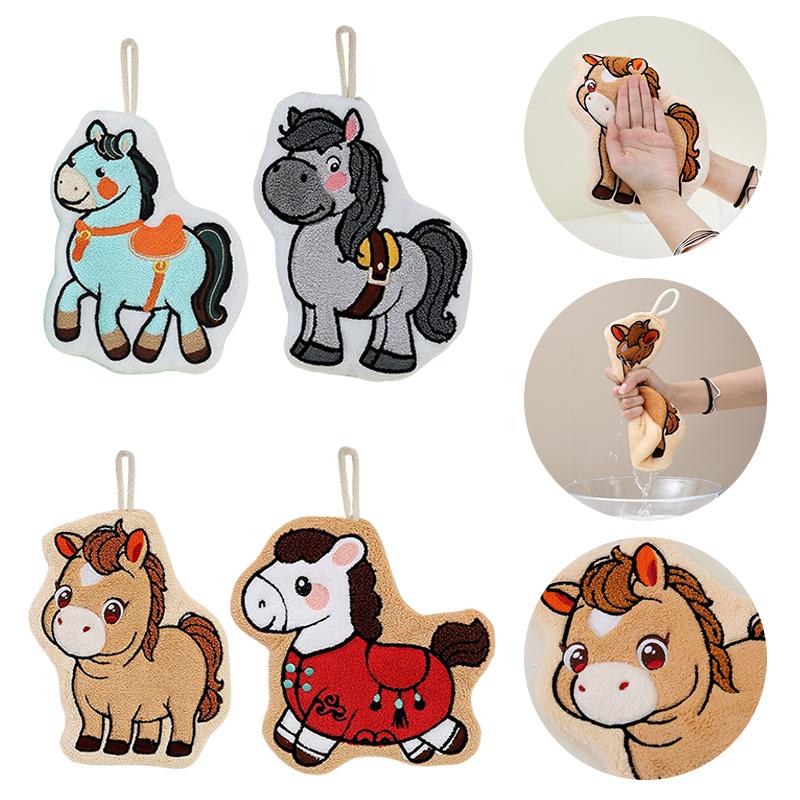 Cartoon Cute Pony Hand Towel Coral Fleece Home Kitchen Wipes Horse Thickened Hanging Absorbent Towels For Bathroom Home Decor