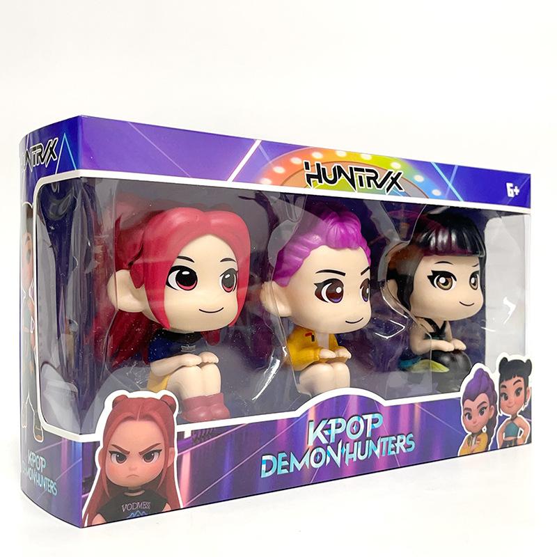 3Pcs K-POP Demon Hunters Rumi Mira Zoey Q Version Sitting Pose Figure Set Anime Action & Toy Figures Cute Cartoon Action Figures Toys for Fans Gift