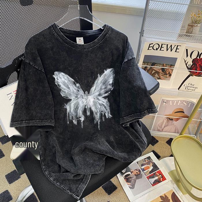 

Винтажная выстиранная футболка унисекс с коротким рукавом и принтом бабочки: Трендовый летний уличный стиль XL чёрный