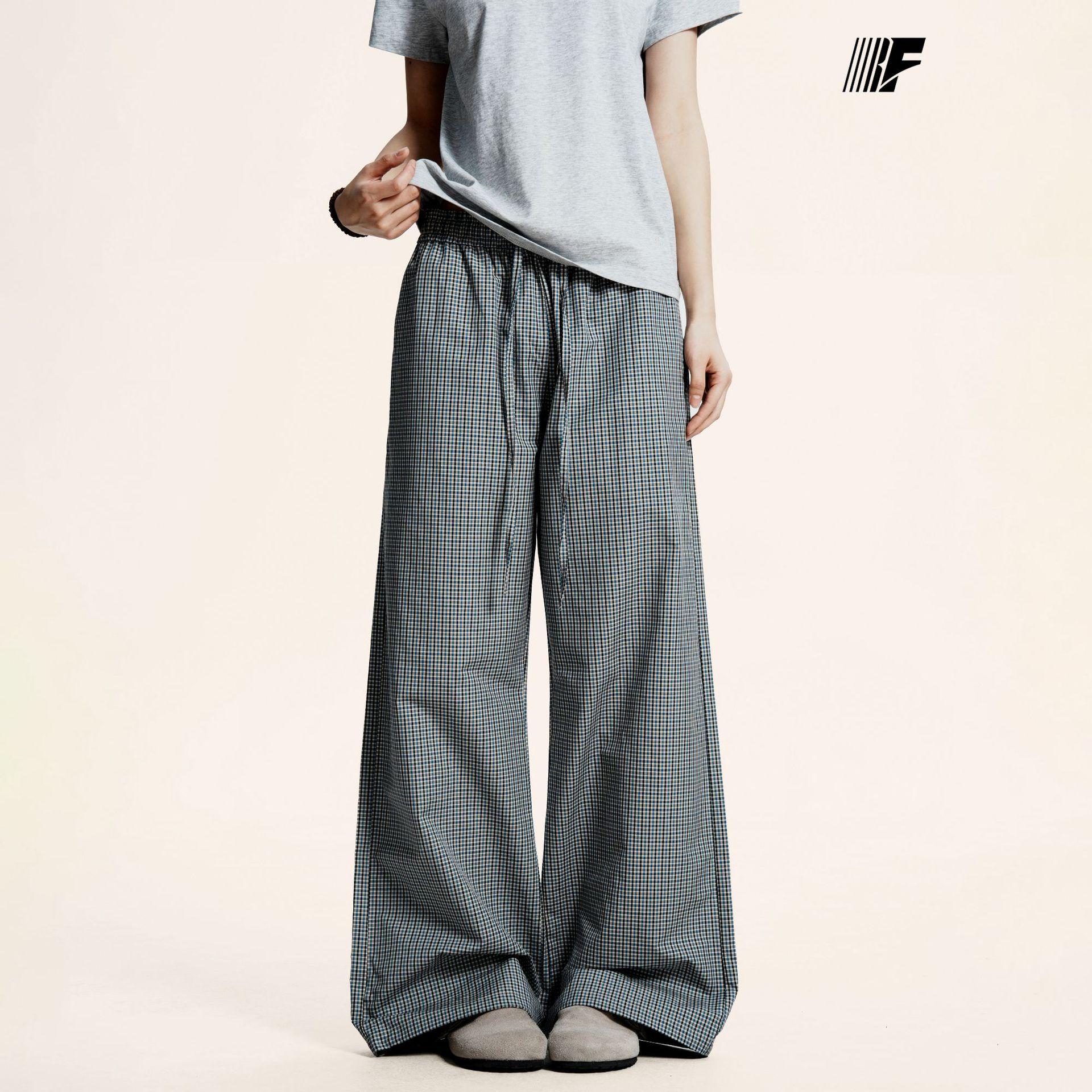 Yongfang Unisex Retro Blue Plaid Linen Drawstring Wide-Leg Pants 2XL