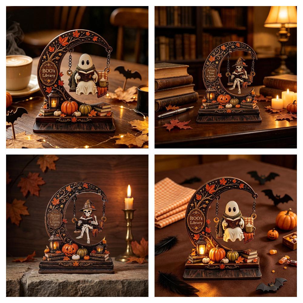 Halloween Moon Ghost Skull Swing Doll Reading Book Wooden Display Piece Bookcase Shelf Atmosphere Decoration