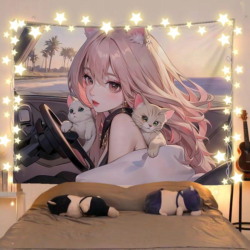 Anime Girl And Cat Healing Scenery Tapestry Wall Hanging Decorative Fabric for Room Headboard Background