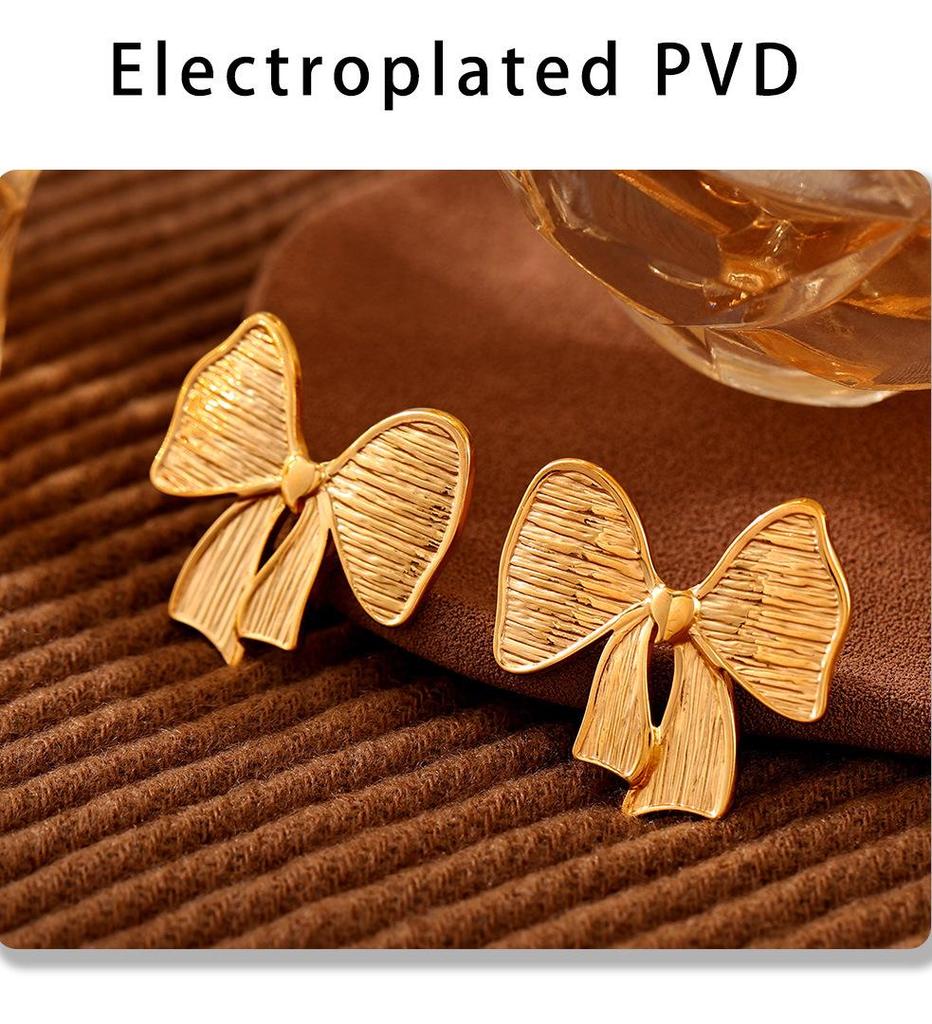 Qiong Yao European Style Bow Stud Earrings, Stainless Steel, Colorfast, Hypoallergenic, Simple Design for Women