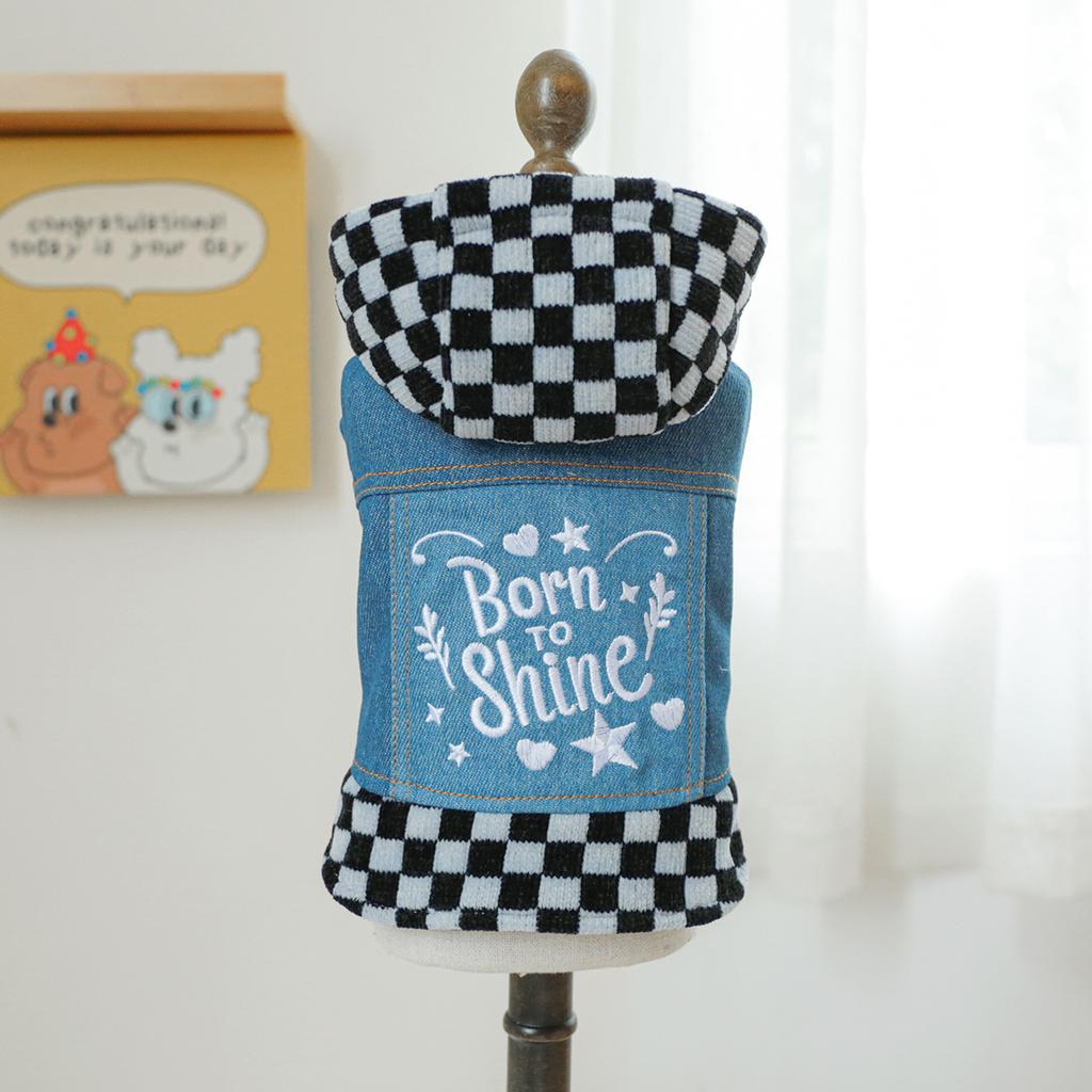 Pet Plaid Hooded Sweatshirt with Denim Splicing and Thickened Coat Clothing 3-color Plaid Denim Coat Dog Clothes for Small Dogs