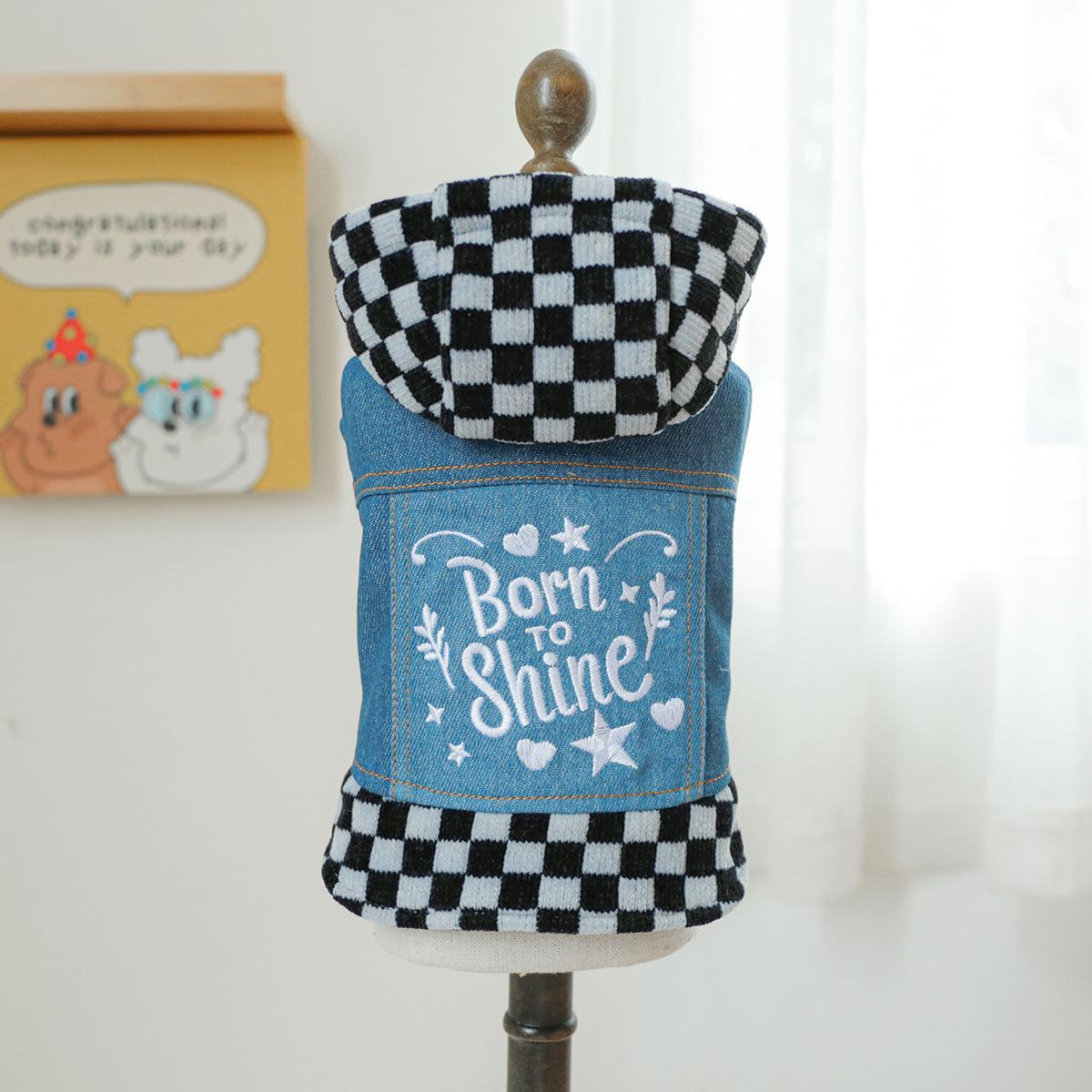 

Толстовка с капюшоном в клетку для домашних животных с джинсовыми вставками и утолщенной верхней одеждой, трехцветное клетчатое джинсовое пальто, одежда для собак маленьких пород XL