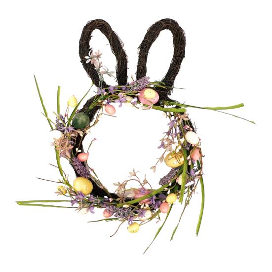 Osterhase Kranz Kleine Hasenform Rattan Kranz mit Pastell-Eiern Blumen für Haustür Innen Außen Frühling Haus Fenster Wand Dekoration