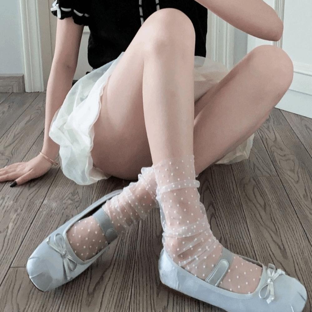 

Thin Version Breathable Polka Dot Mesh Socks Transparent JK Mid Tube Socks Summer Sweet Stacked Stockings Student One Size белый