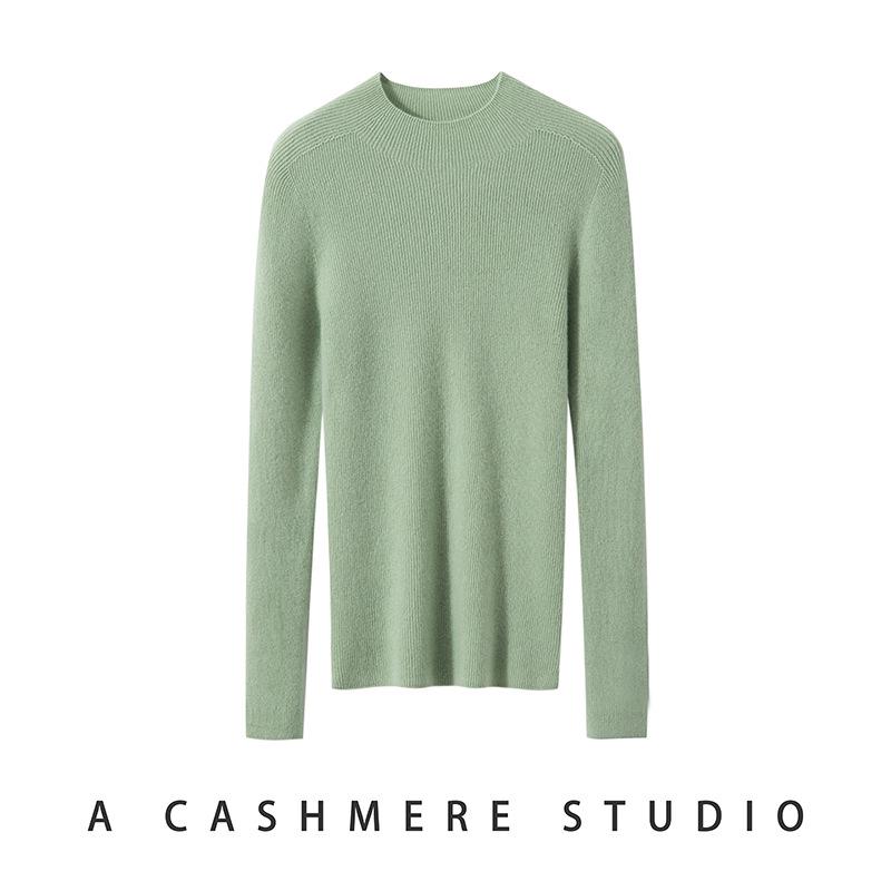 Women's Slimming Pure Cashmere Ribbed Pullover Sweater - Solid Color, Half-High Neck Knitwear