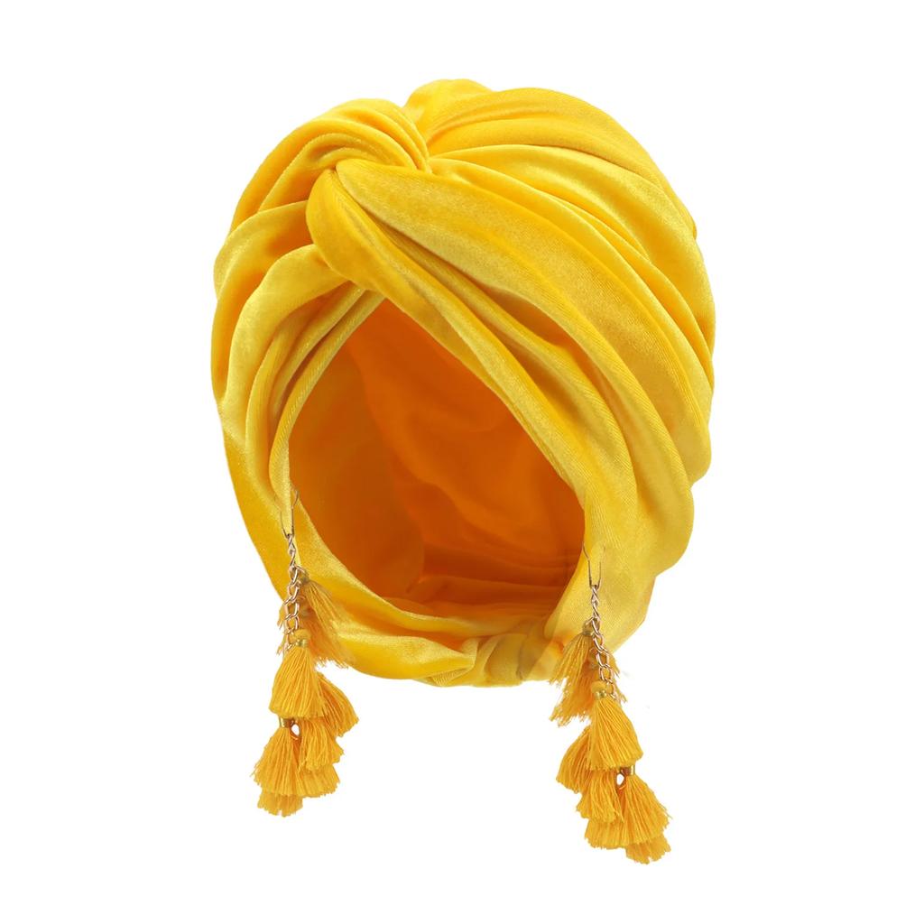 New Muslim Women Velvet tassel Turban Hat Soft Stretch Bohemian cross pullover Bandana Headband Beanie Cap Islamic Head Wrap