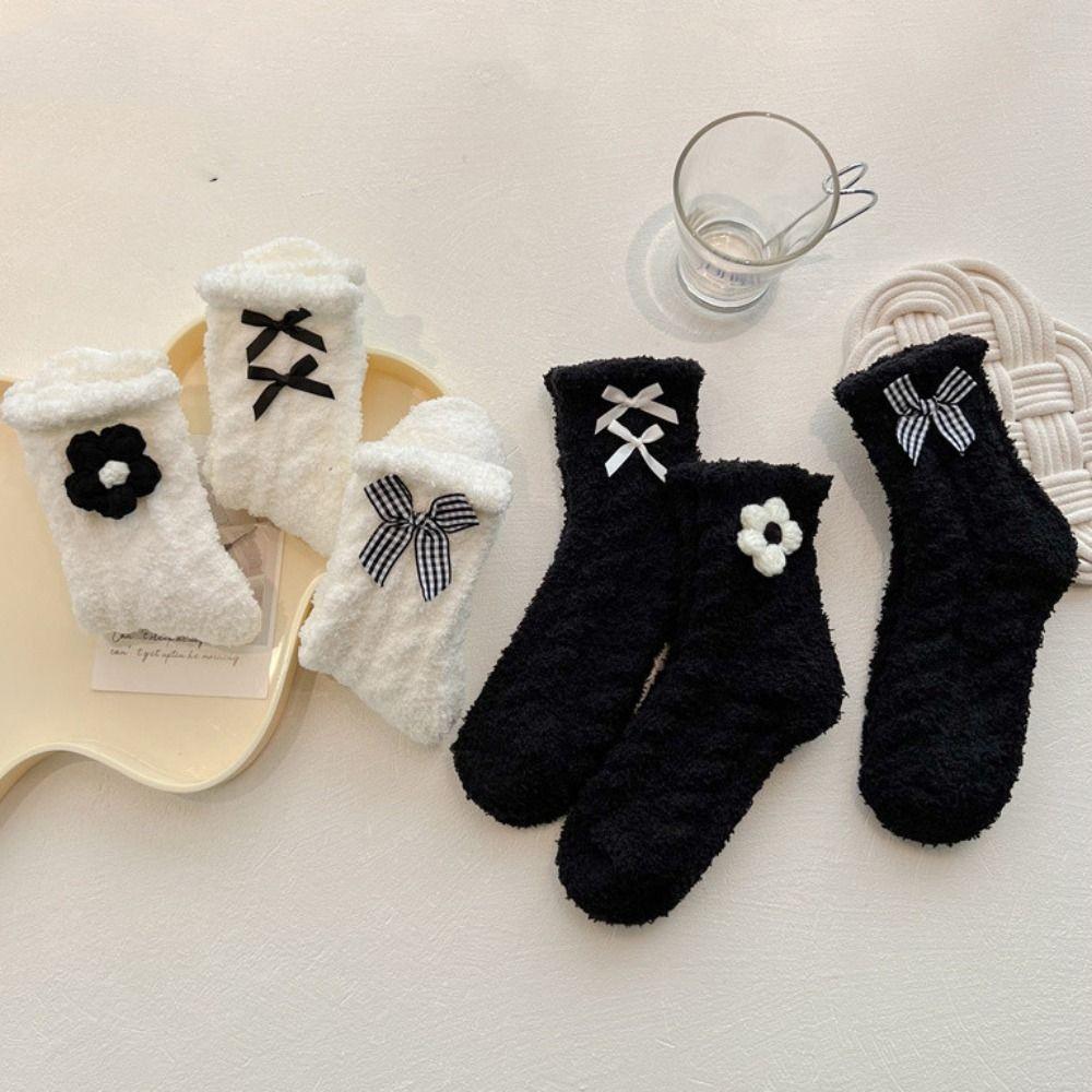 3Pairs Plush Bow Fleece Socks Solid Color Sleeping Socks Women Fashion Coral Fleece Socks  Girls