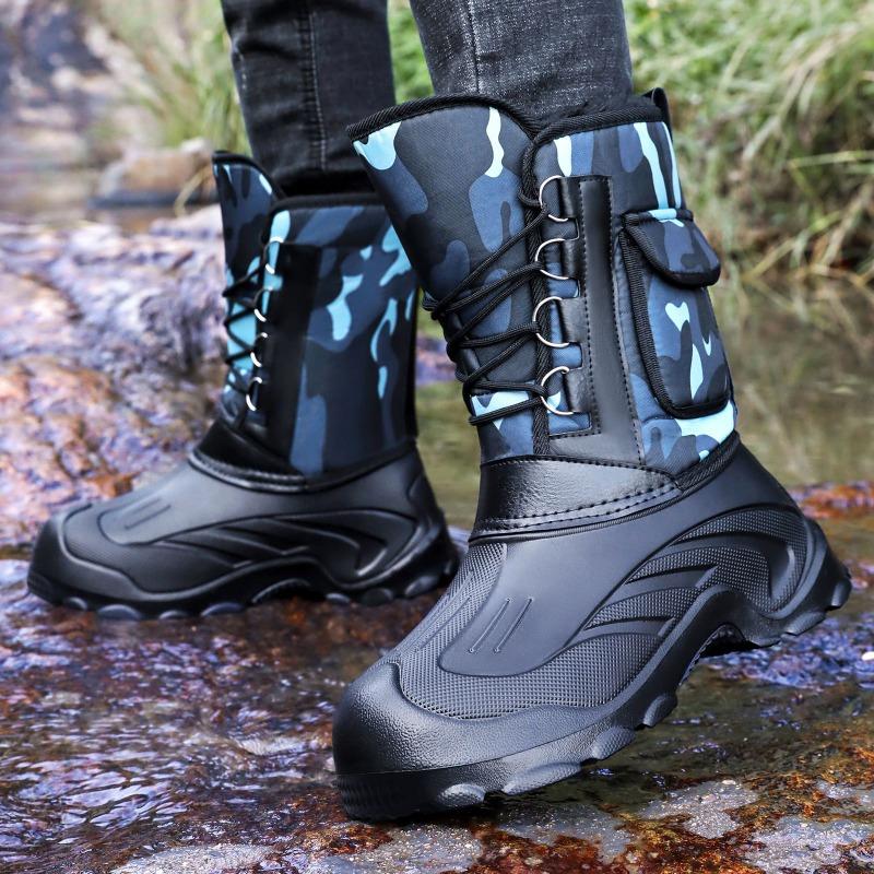 Herren Tarnung Mittelhohe Schneestiefel, Schnürung Dicke Sohle Fleecegefüttert Warm Outdoor Arbeit Baumwollschuhe