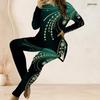 Women Plus Size Round Neck Long Sleeve Printed Dark Green Two Piece Set Longline Top And Fitted Pants