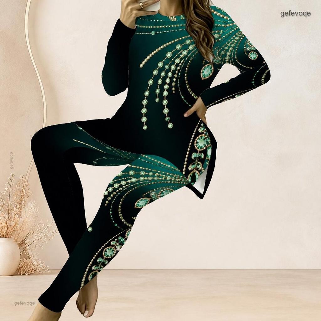 Women Plus Size Round Neck Long Sleeve Printed Dark Green Two Piece Set Longline Top And Fitted Pants