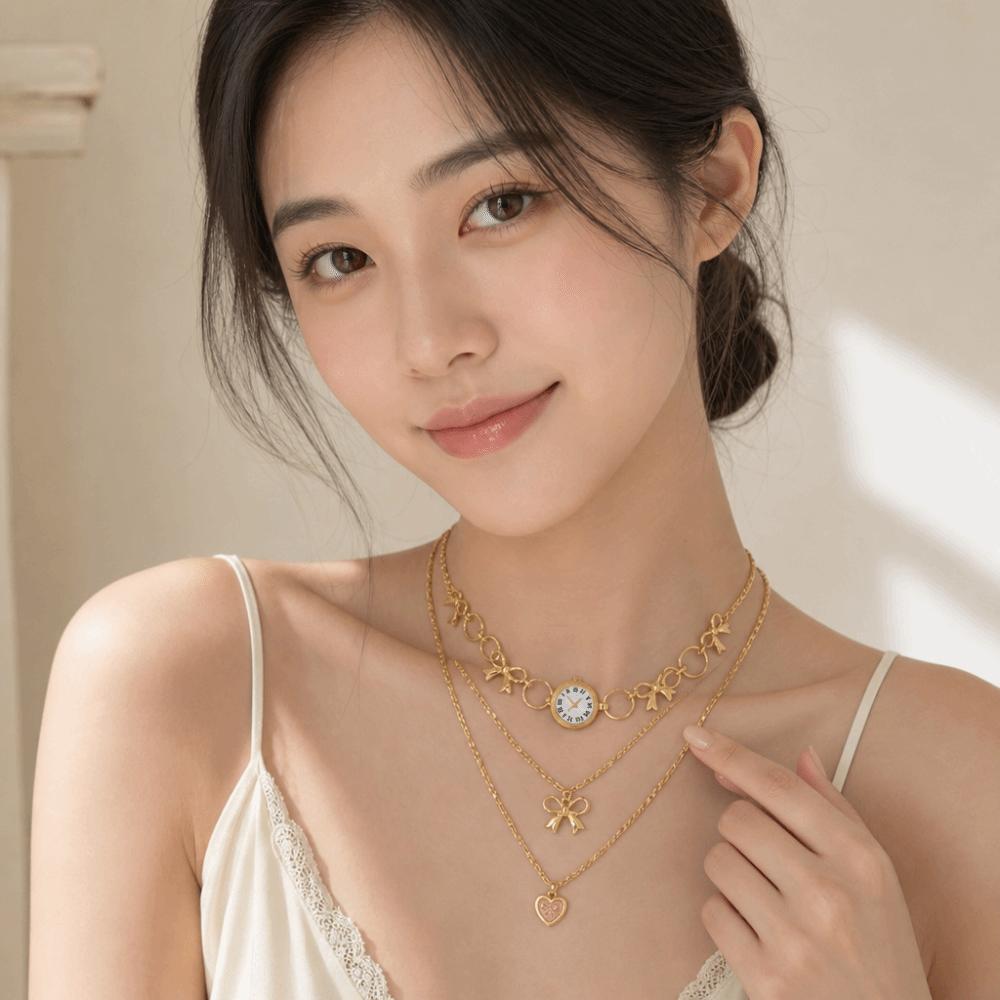 3PCS/SET Gold Color Necklace Set Metal Pendant Necklace Trendy Heart Bowknot Choker  Wedding