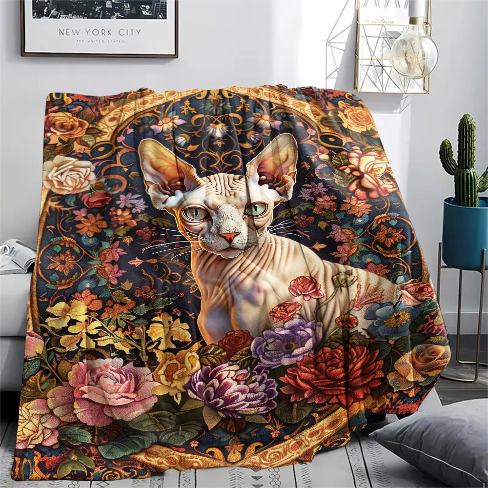 1Pc Boho Floral Cat Print Flannel Blanket, High Quality Comfortable for All Seasons, Home Decor, Warmth and Comfort, Perfect for Christmas Gifts