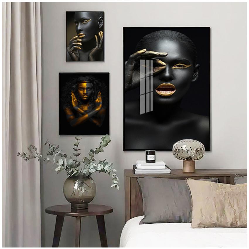 Wall Art Picture for Living Room Decor Black and Gold African Woman Cuadros Canvas Painting Posters and Prints Scandinavian
