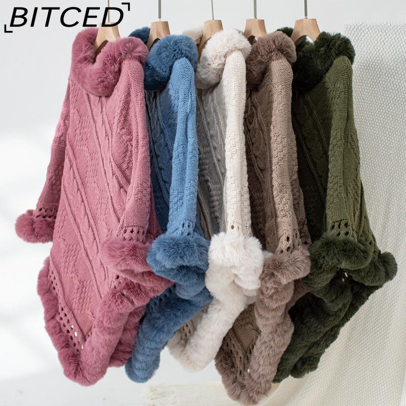 BITCED Oversized Fall/Winter Warm Faux Rabbit Fur Collar Cape Chunky Cable Knit Sweater Jacket
