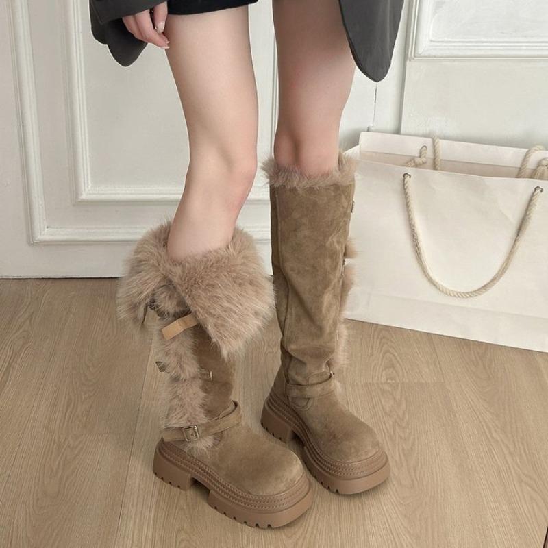 Platform Two-Wear Plush Snow Boots Women's Winter Skinny Tall Fleece Warm Non-slip Buckle Strap Long-leg Boots