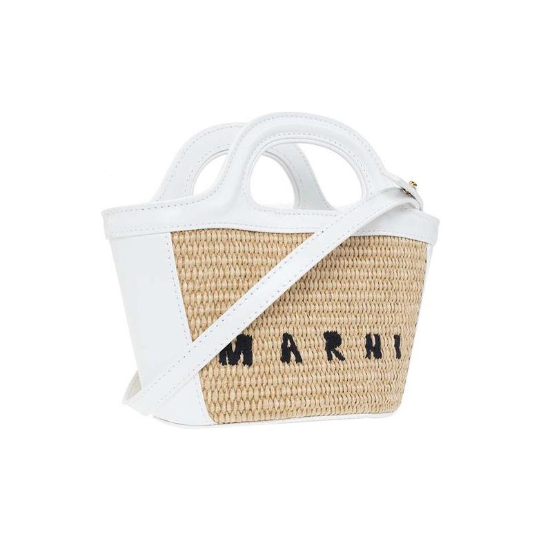 Marni Tropicalia Logo Print Woven Raffia Coconut Leaf Calfskin Bucket Tote Shopping Bag Women Tote White Beige BMMP0067Q0