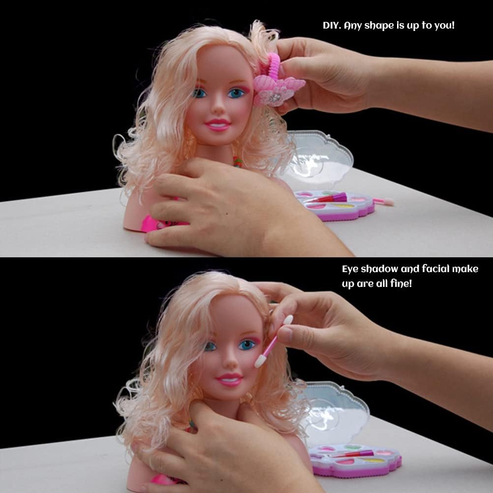 Makeup Pretend Playset for Girls - 17Pcs Hairdressing Styling Head Doll Makeup Toy Educational Toy Gift -B