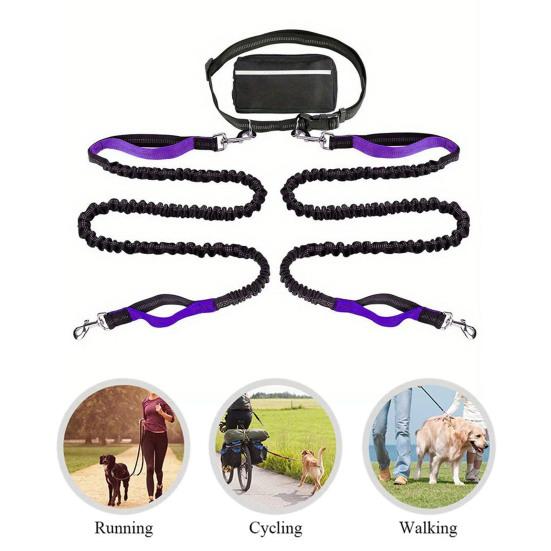 Dog Leash with Waist Bag Reflective Retractable Leash for Two Dogs Hands-Free Running Leash with Padded Handles Night Safety Walking Gear