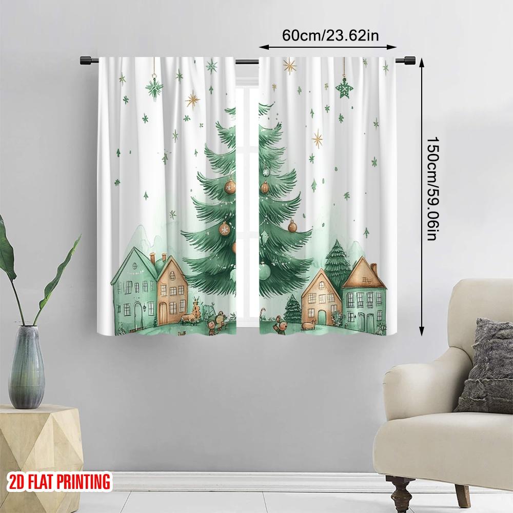 2 Stück, 2D-Flachdruckmuster Vorhänge Weihnachtsbaum Schneedorf Polyester Einfache Installation (ohne Stange) Vielseitig Alles Perfekt