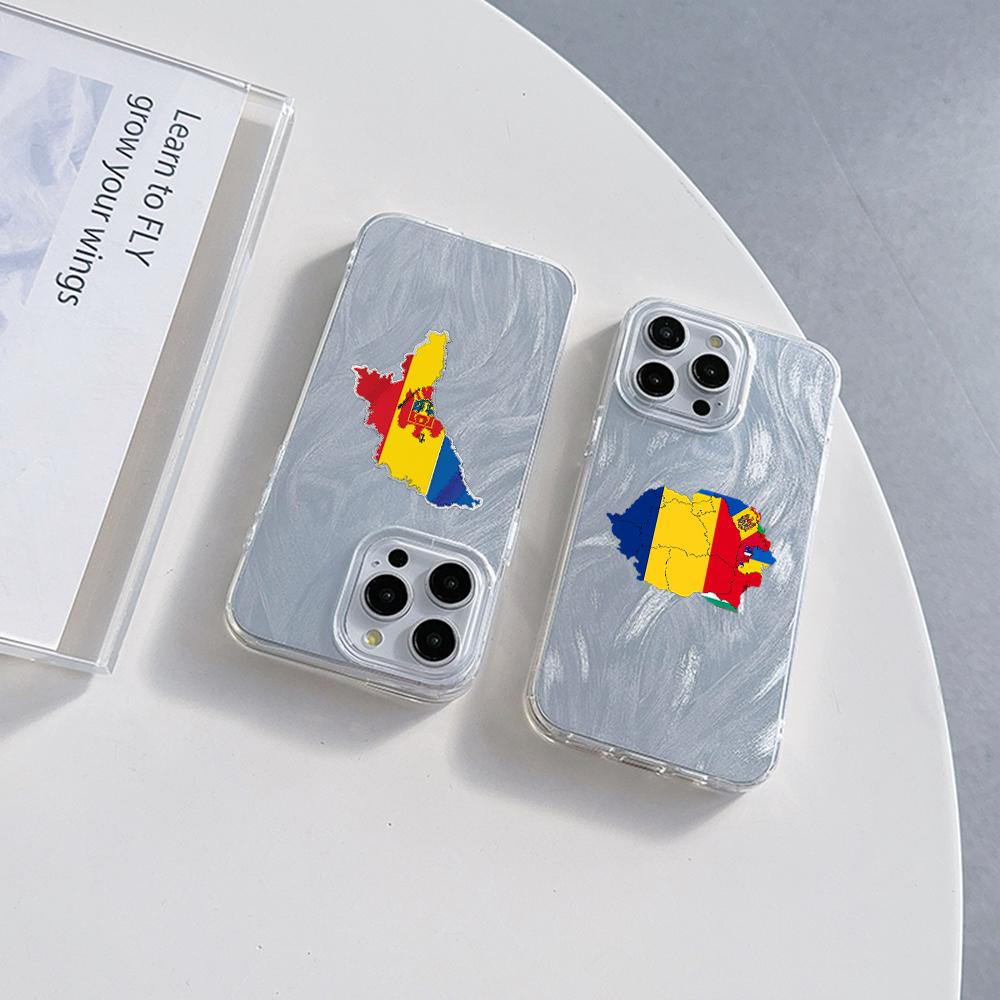 N91 Moldova Flag Art Clear Frame Case for Samsung S25 Ultra A55 iPhone 16 15 Pro Max Xiaomi Redmi Note 13 Feather Chiffon Texture Silver Plated Cover