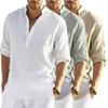 Men's Cotton Linen Long Sleeve Shirt Stand Collar Relaxed Fit Casual Holiday Top