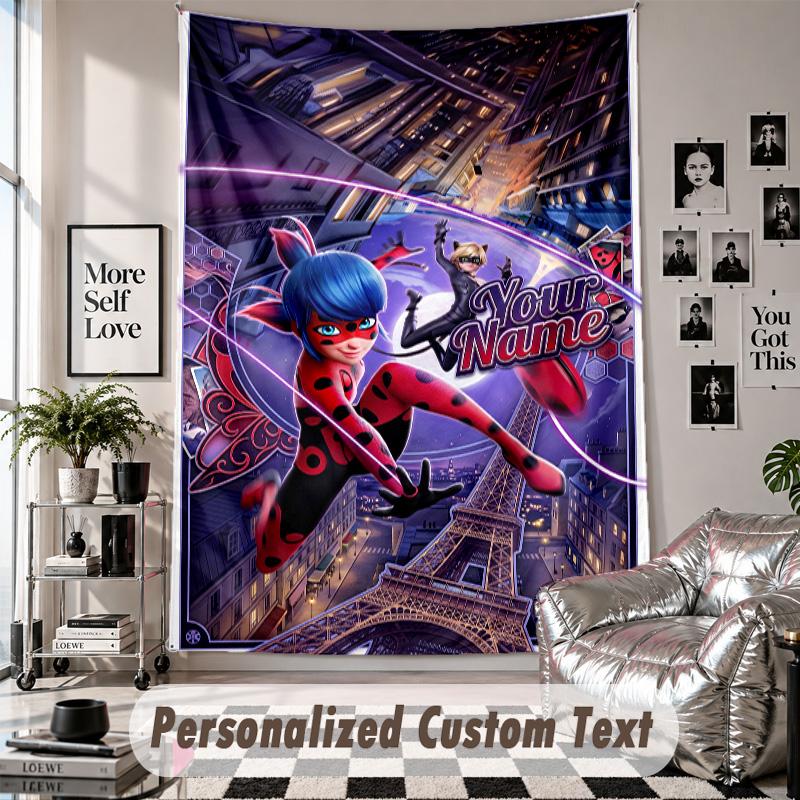 Wall Hanging Tapestry With Custom Name & Text, Miraculous Ladybug Decorative Tapestry For Bedroom