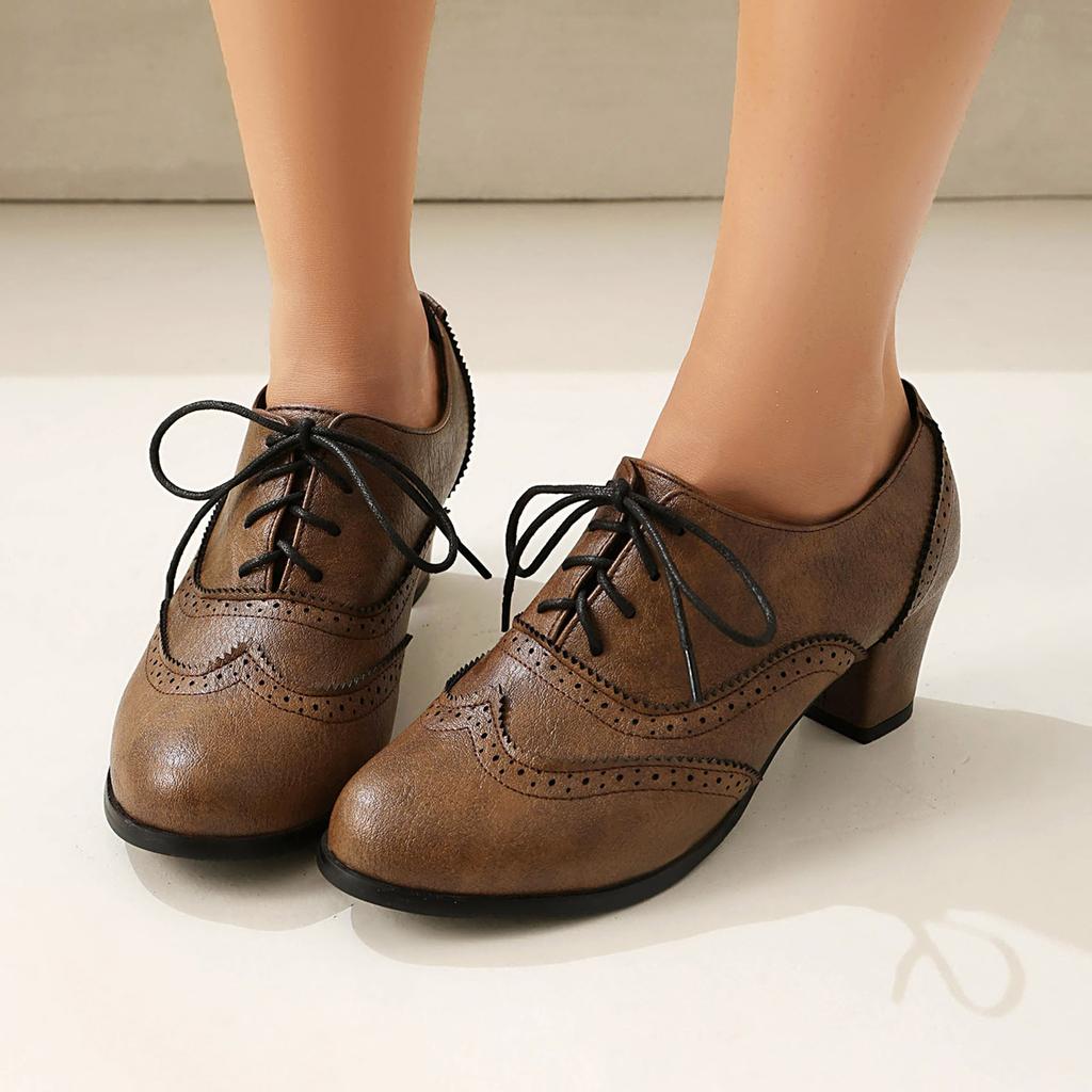 Britský styl Oxford boty Dámské lodičky Špičatá špička Vintage Ležérní Silný podpatek Kožené boty Žena Šněrovací Vysoké podpatky