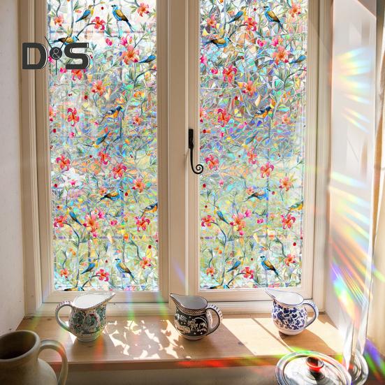 Folia Prywatnościowa na Okno Tęczowa Wodoodporna Statyczna Przyczepność Bez Kleju Naklejka ze Wzorem Kwiatowym do Domowych Szklanych Okien Dekoracja Sypialni Salonu
