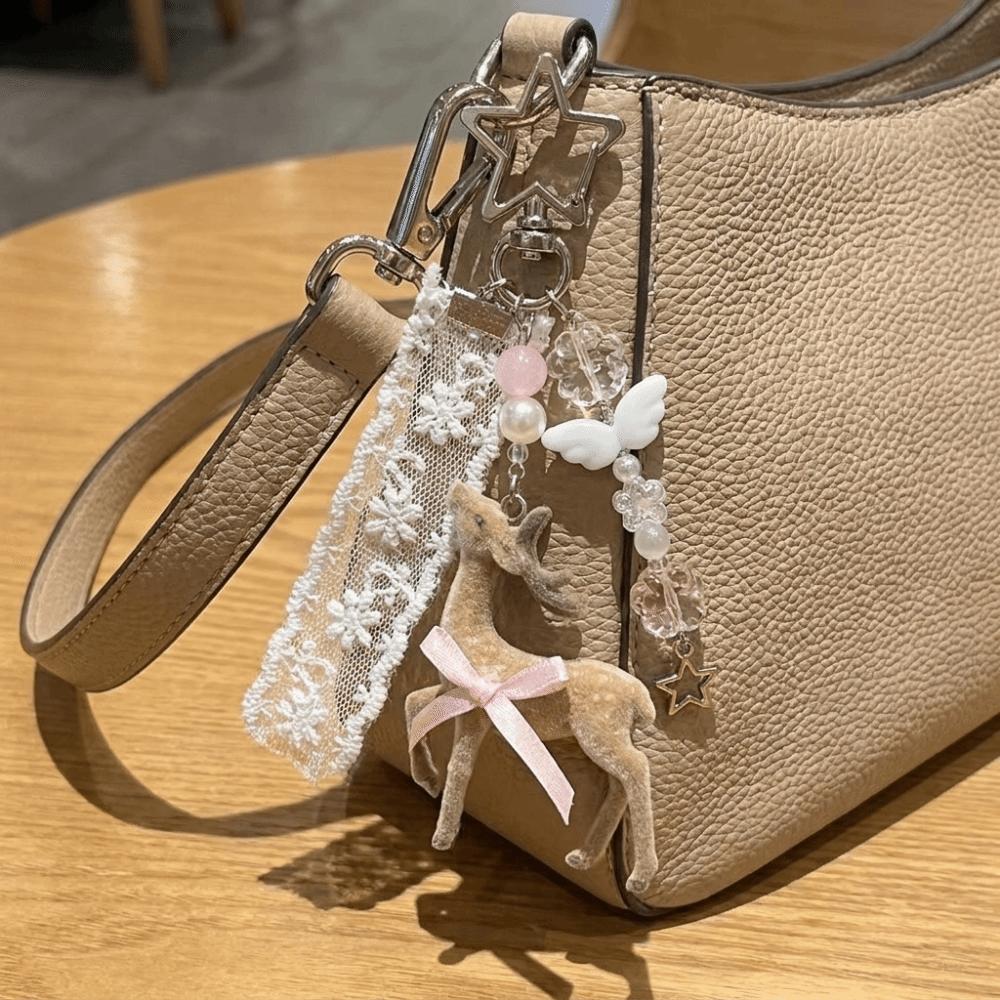 Coquette Style Fawn Keychain Ribbon Bow Design Phone Charms Cute Bag Pendant Bag Decoration
