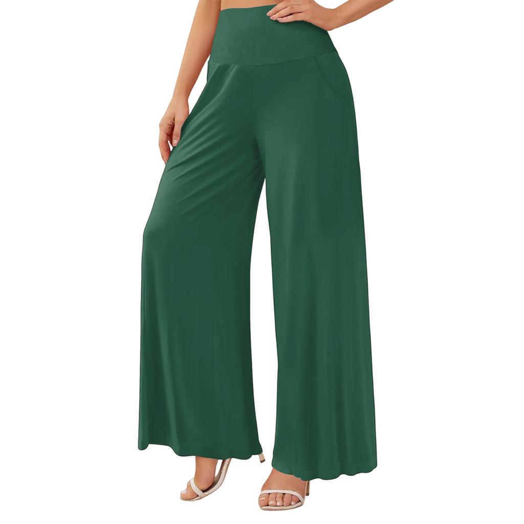 Damen Freizeithose mit hoher Taille, weitem Bein und Taschen, fließend für den Alltag