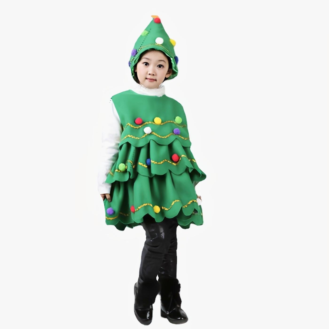 

Детские рождественские костюмы 2 шт., платье без рукавов для девочек + шапка, украшение в форме рождественской елки, меховой шар, праздничная одежда для косплея 130cm зелёный