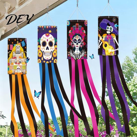 Weather Resistant Garden Streamer Day of The Dead Windsocks, Dia De Los Muertos Hanging Flag, Floral Party Supplies Skull Wind Socks with Flowing