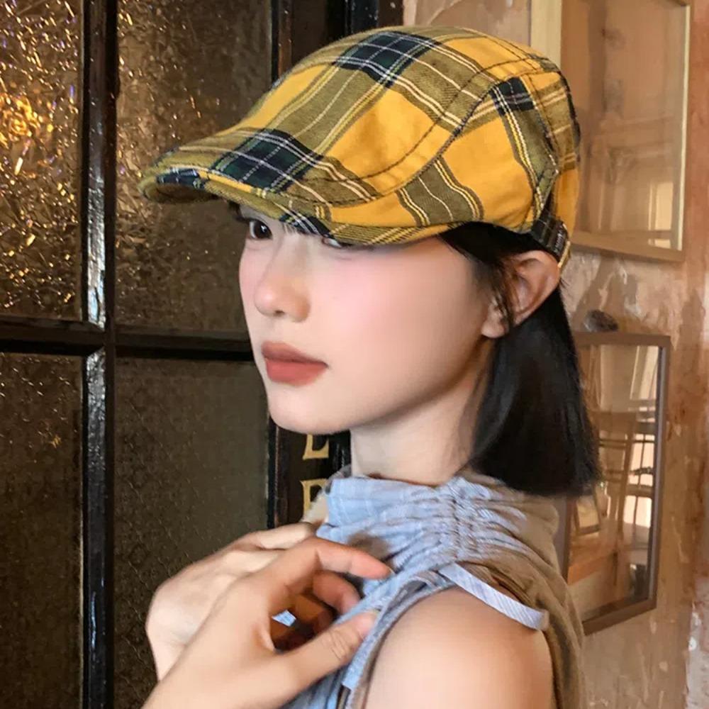 Short Brim Plaid Beret Cap Cotton Women Artist Hat Simple Cloth Painter Cap  Party