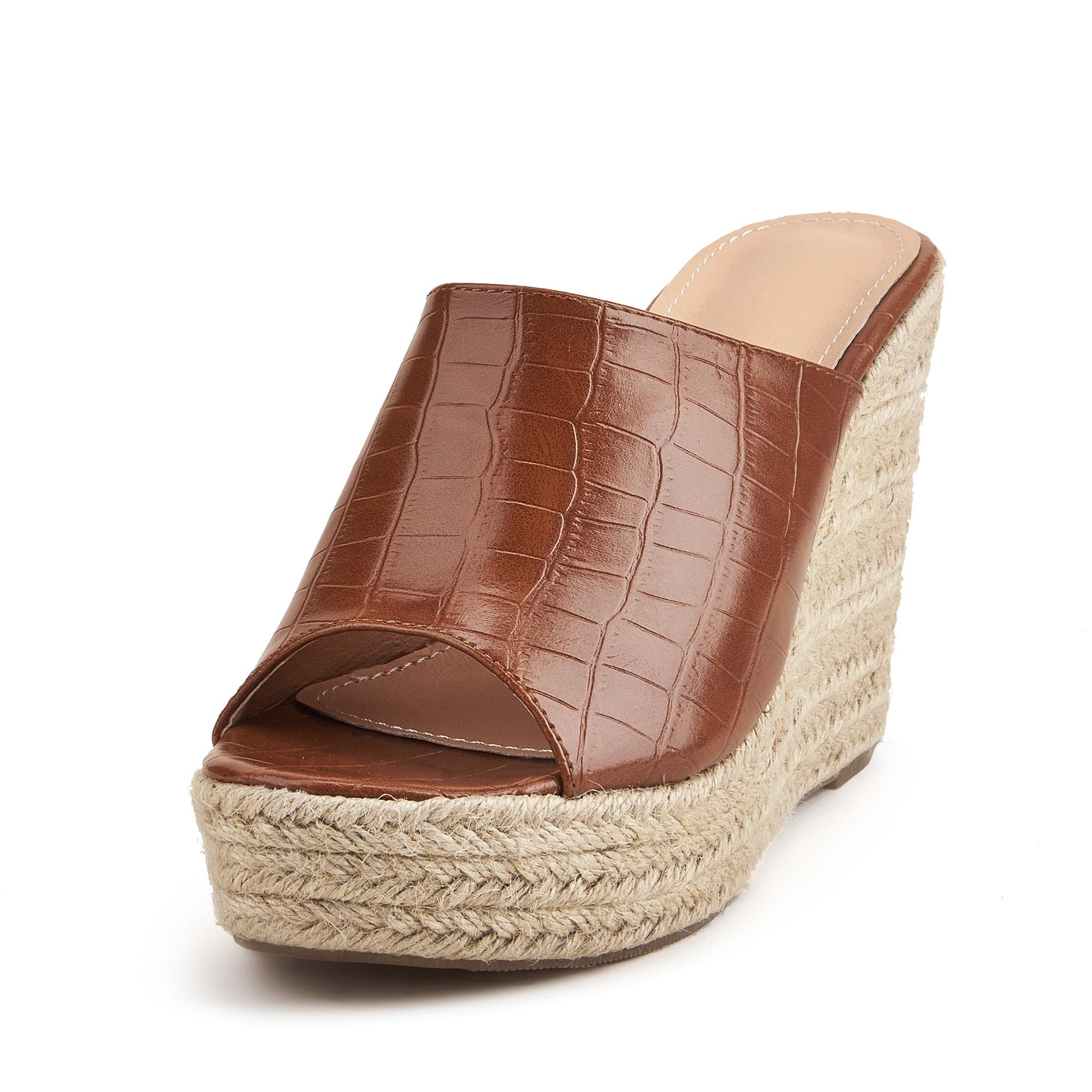 

Retro crocodile pattern wedge heel outer wear slippers women s fish mouth women s shoes hemp rope sole high heels women s shoes 43 коричневий