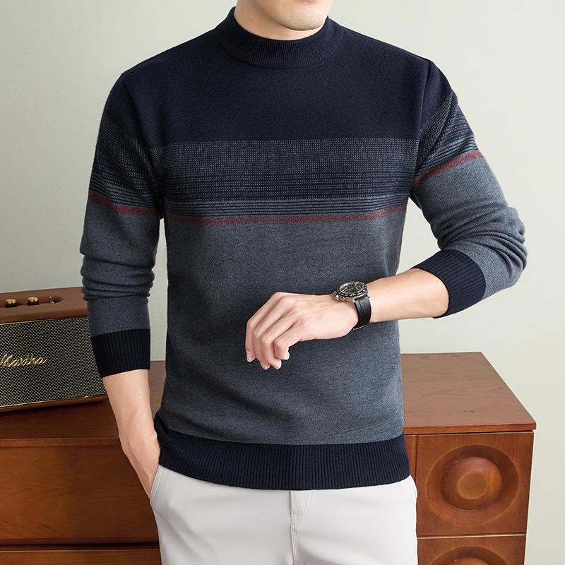 Men S Thick Striped Round Neck Long Sleeve Knitted Pullover Sweater Business Casual