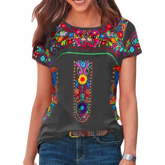O-Ausschnitt Kurzarm Loose Fit Damen T-Shirt Vintage Boho Ethno Blumendruck T-Shirt Arbeitskleidung