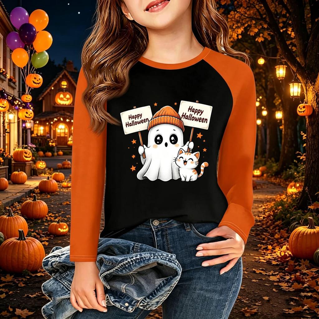 Kids' Halloween Printed Long Sleeve Neck T-Shirt for Casual Wear